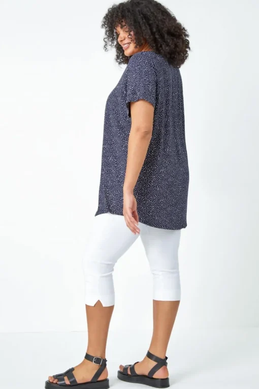 Roman Navy Curve Ditsy Spot Print V-Neck Stretch Top