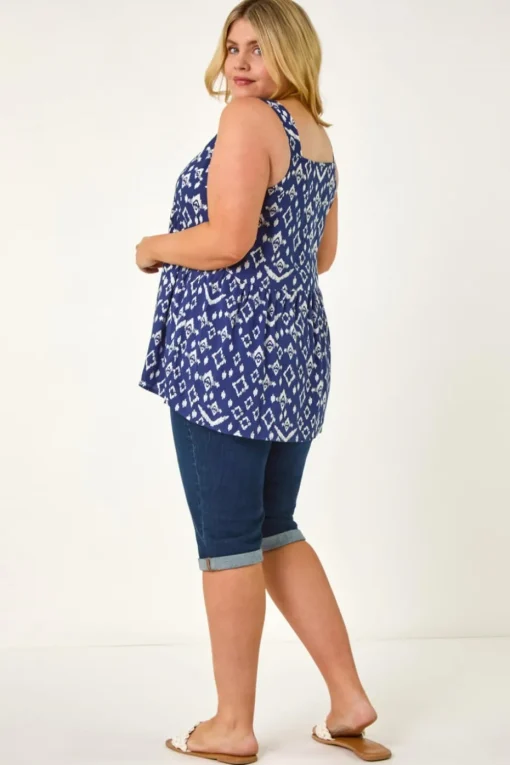 Roman Navy Curve Ikat Print Woven Vest Top
