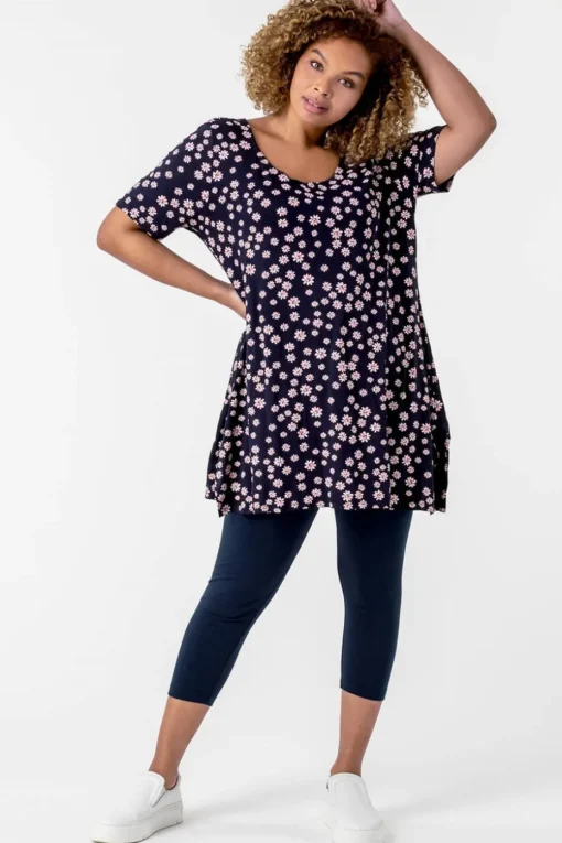 Roman Navy Curve Plain Elastic Waist Cropped Leggings
