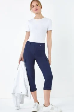 Roman Navy Elastic Waist Turn Up Stretch Cargo Trousers