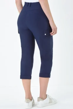 Roman Navy Elastic Waist Turn Up Stretch Cargo Trousers