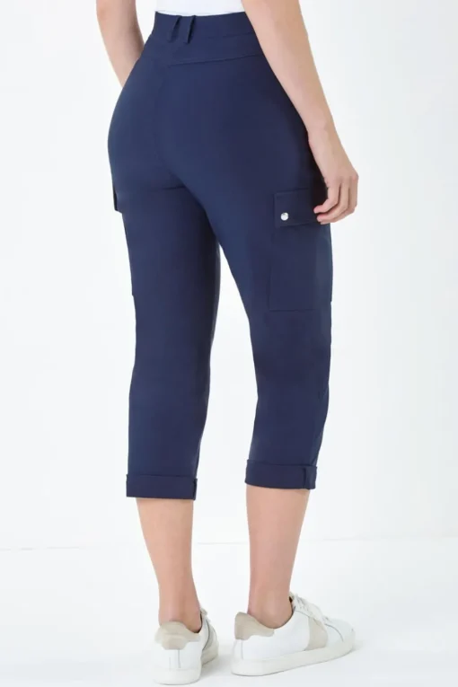 Roman Navy Elastic Waist Turn Up Stretch Cargo Trousers