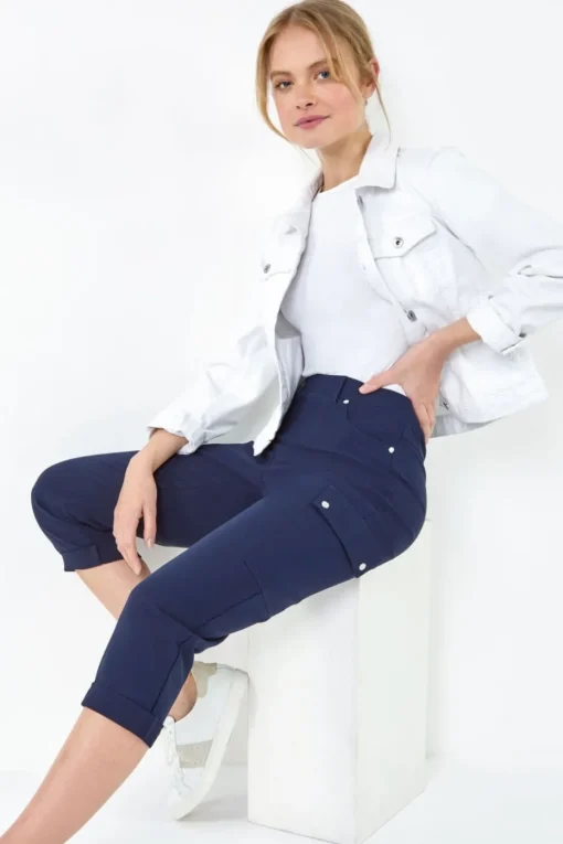 Roman Navy Elastic Waist Turn Up Stretch Cargo Trousers