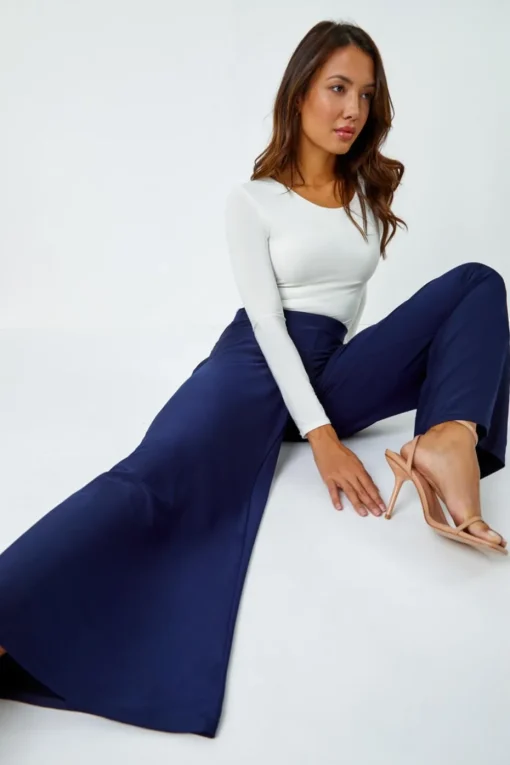 Roman Navy Elastic Waist Wide Leg Stretch Trousers