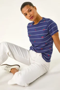 Roman Navy Embroidered Cherry Cotton Tee