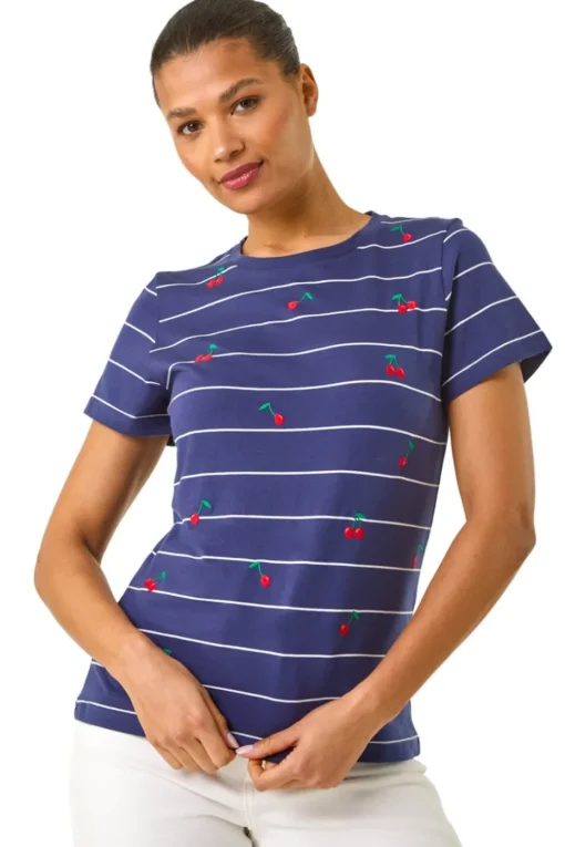 Roman Navy Embroidered Cherry Cotton Tee