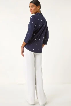 Roman Navy Embroidered V-Neck Cotton Shirt