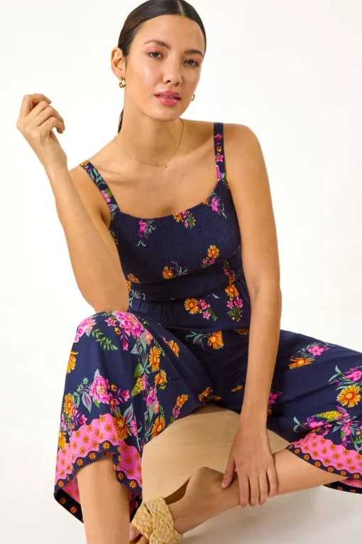 Roman Navy Floral Border Jumpsuit