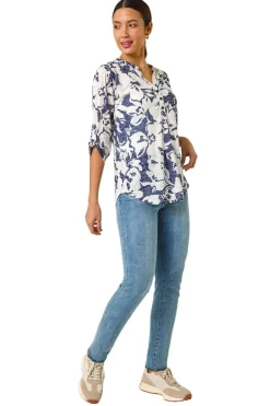 Roman Navy Floral Print Burnout V-Neck Shirt