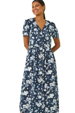 Roman Navy Floral Print Button Through Midi Dress