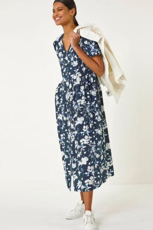 Roman Navy Floral Print Button Through Midi Dress
