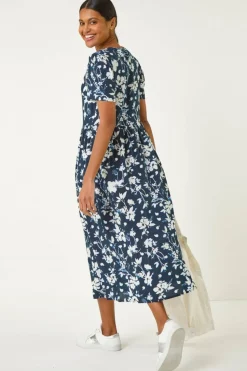 Roman Navy Floral Print Button Through Midi Dress