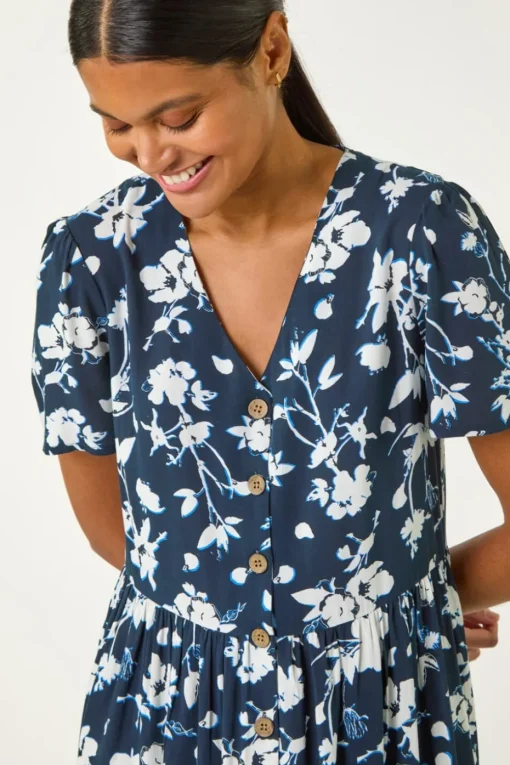 Roman Navy Floral Print Button Through Midi Dress