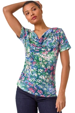Roman Navy Floral Print Cowl Neck Stretch Top