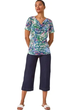 Roman Navy Floral Print Cowl Neck Stretch Top