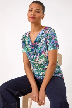 Roman Navy Floral Print Cowl Neck Stretch Top