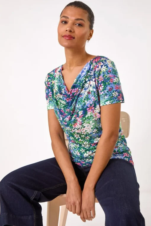 Roman Navy Floral Print Cowl Neck Stretch Top