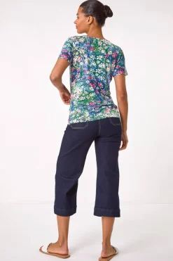 Roman Navy Floral Print Cowl Neck Stretch Top