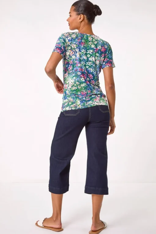 Roman Navy Floral Print Cowl Neck Stretch Top