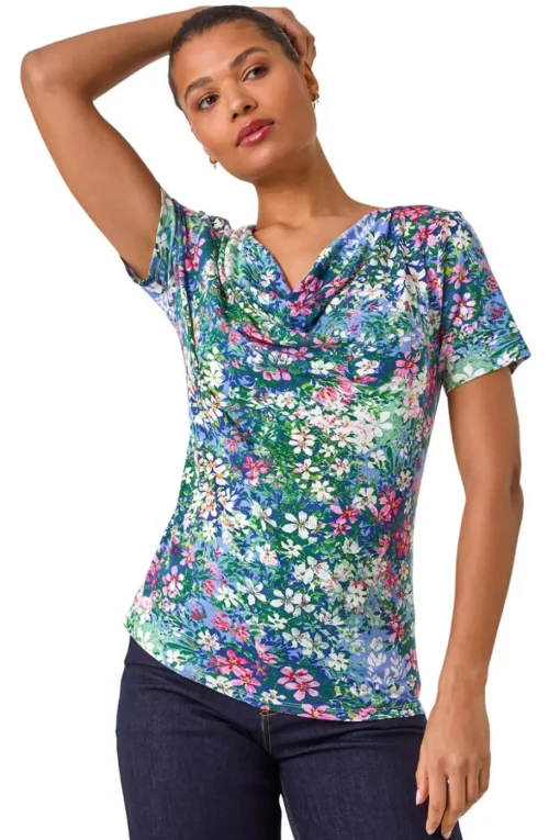 Roman Navy Floral Print Cowl Neck Stretch Top
