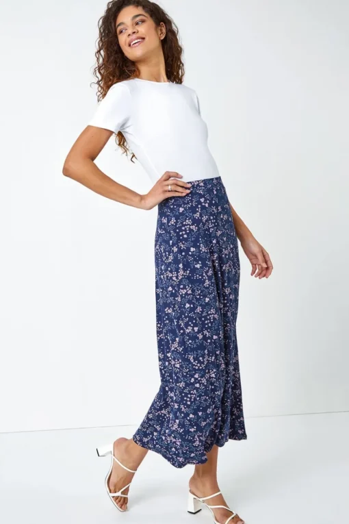 Roman Navy Floral Print Elastic Waist Midi Stretch Skirt