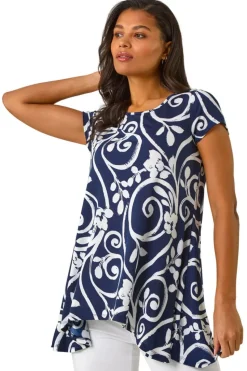 Roman Navy Floral Print Hanky Hem Tunic Top