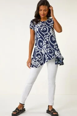Roman Navy Floral Print Hanky Hem Tunic Top