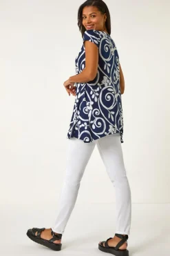 Roman Navy Floral Print Hanky Hem Tunic Top