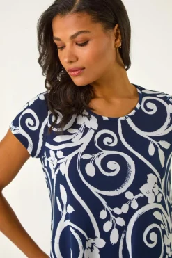 Roman Navy Floral Print Hanky Hem Tunic Top