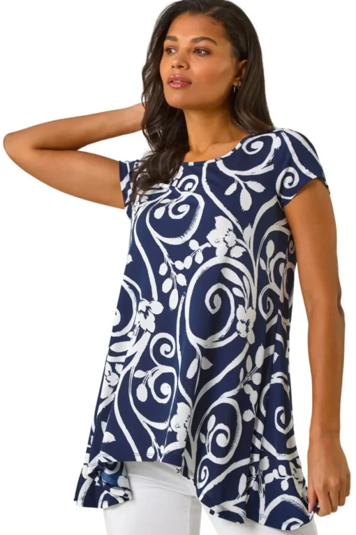 Roman Navy Floral Print Hanky Hem Tunic Top