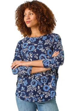 Roman Navy Floral Print Jersey Top
