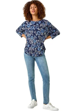 Roman Navy Floral Print Jersey Top