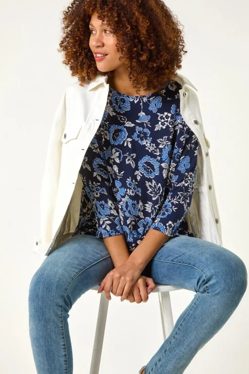 Roman Navy Floral Print Jersey Top