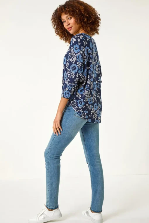Roman Navy Floral Print Jersey Top