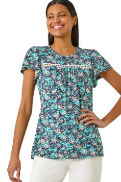 Roman Navy Floral Print Ladder Trim Stretch Top
