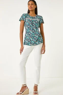Roman Navy Floral Print Ladder Trim Stretch Top
