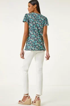 Roman Navy Floral Print Ladder Trim Stretch Top