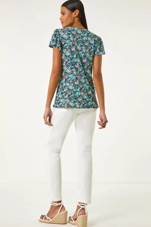 Roman Navy Floral Print Ladder Trim Stretch Top