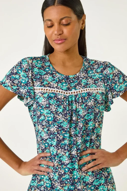 Roman Navy Floral Print Ladder Trim Stretch Top