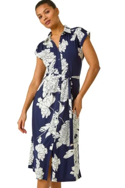 Roman Navy Floral Print Stretch Shirt Dress