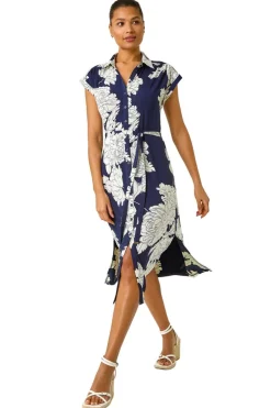 Roman Navy Floral Print Stretch Shirt Dress