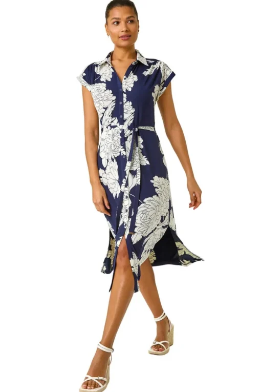 Roman Navy Floral Print Stretch Shirt Dress