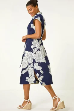 Roman Navy Floral Print Stretch Shirt Dress