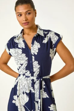 Roman Navy Floral Print Stretch Shirt Dress