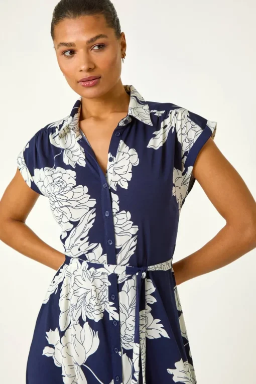 Roman Navy Floral Print Stretch Shirt Dress