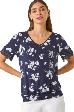 Roman Navy Floral Print V-Neck Lace Stretch Top