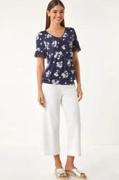 Roman Navy Floral Print V-Neck Lace Stretch Top