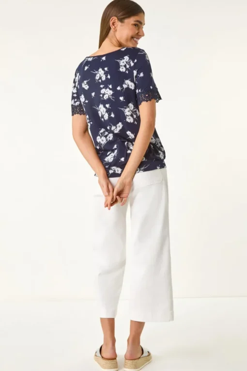 Roman Navy Floral Print V-Neck Lace Stretch Top