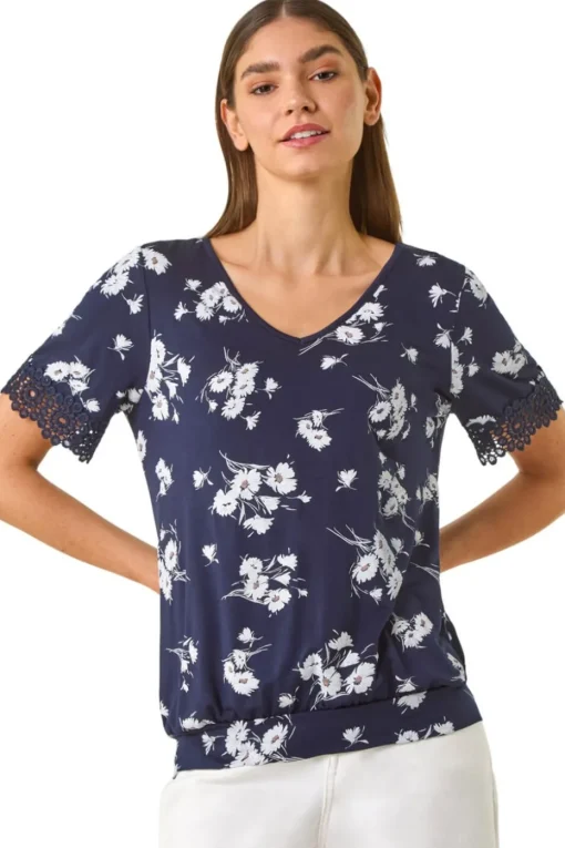Roman Navy Floral Print V-Neck Lace Stretch Top