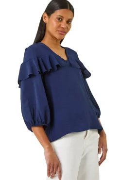 Roman Navy Frill Front Woven Top
